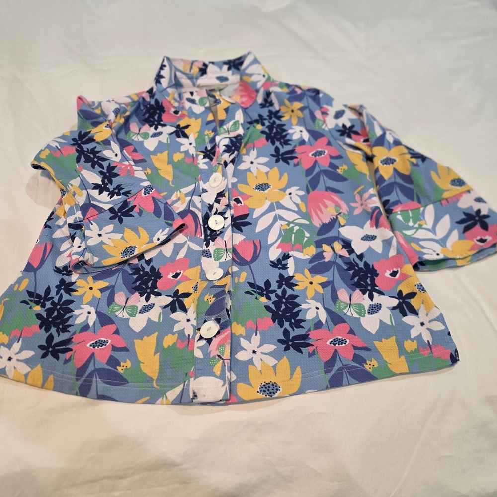 Multiples Button Down Shirt Womens PM Blue Floral Butterfly Excellent Stretch